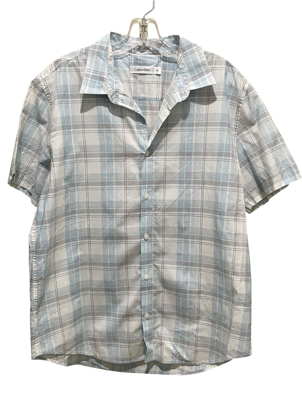 Calvin Klein Plaid Button Front Shirt Blue White Short Sleeve Men’s Size Large